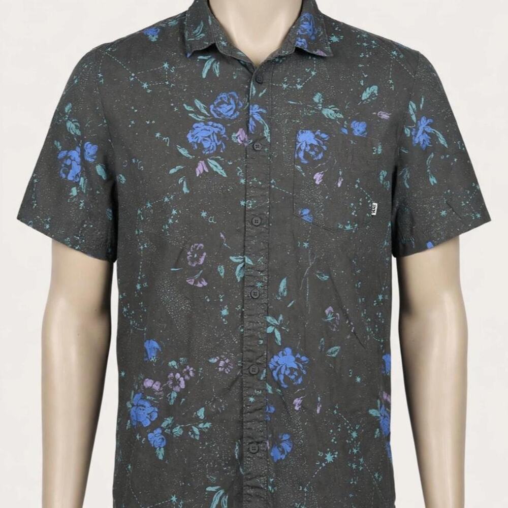 Vans Floral Button Up Shirt Mens Large Black Blue Purple Cotton Short Sleeve